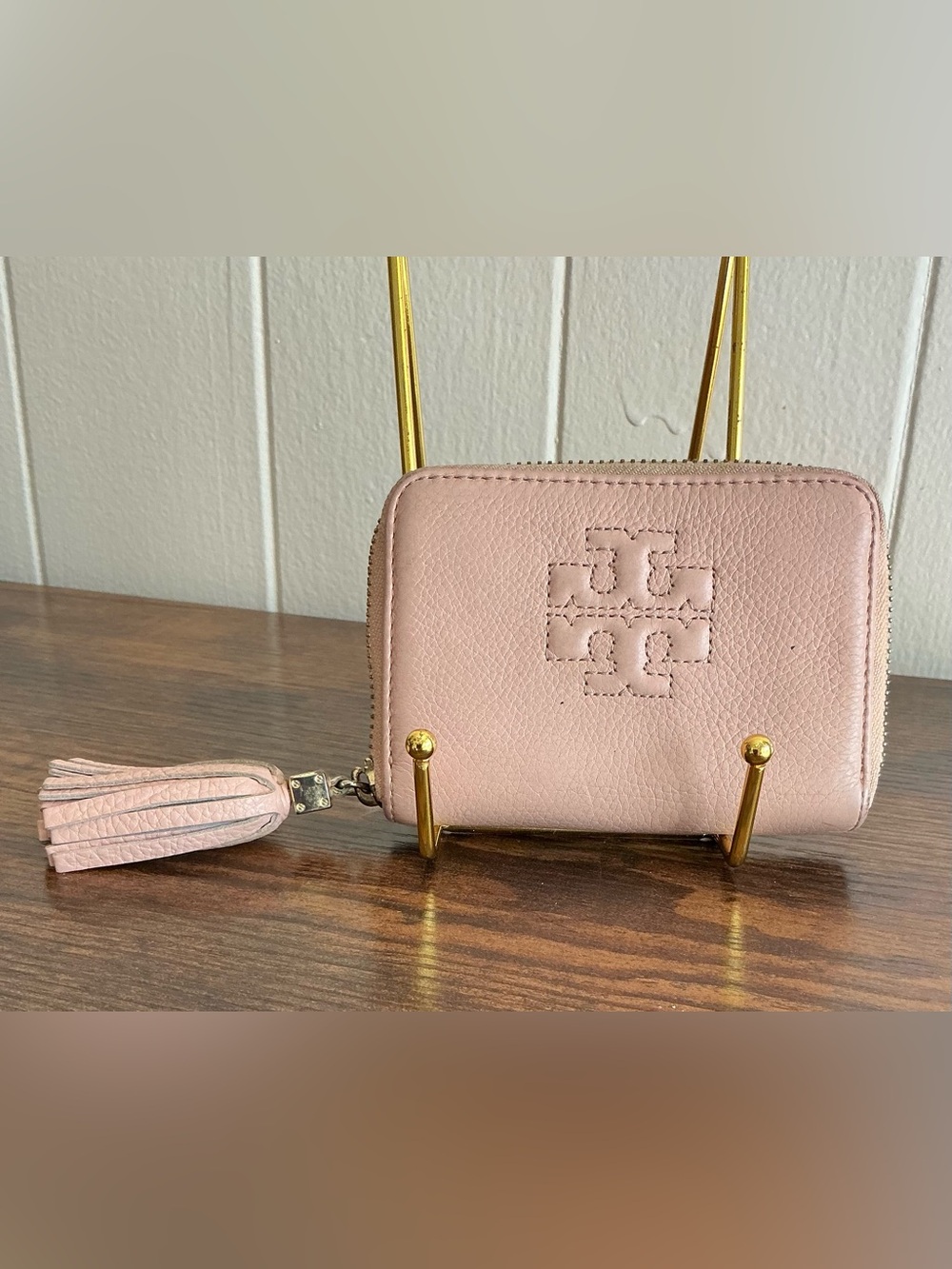 Rare Vintage HTF Pink Leather Zip Around Tory Burch Small Keyring Wallet